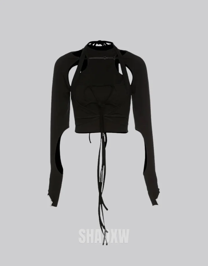 Black Lace Up Crop Top - Image 2