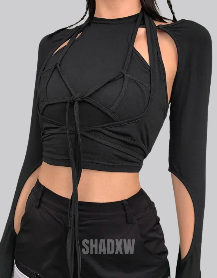 Black Lace Up Crop Top - Image 3