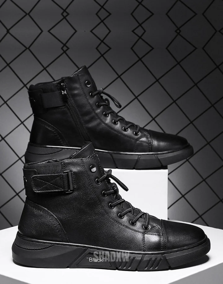 Black Leather High Top Sneakers - Image 3